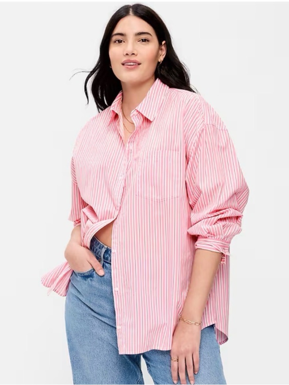 Old Navy Pink and White Striped Boyfriend Button-Up Shirt NWT